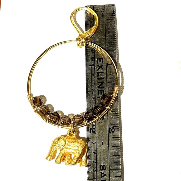 Gold tone Elephant Charms Hoop Earrings Chocolate Faceted Crystals - Picture 7 of 8